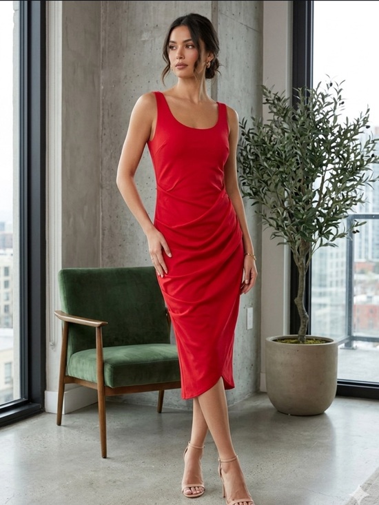 Papillon Blanc Dresses & Skirts - Papillon Blanc Red Ruched Scoop Neck Midi Dress